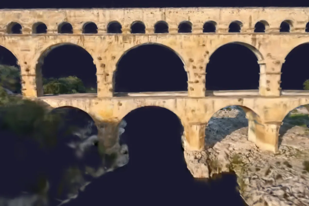 Снимок 3D-вьюера SensyTwin (интерфейс на французском языке): крупный план арок Pont du Gard, рендеринг Gaussian Splatting